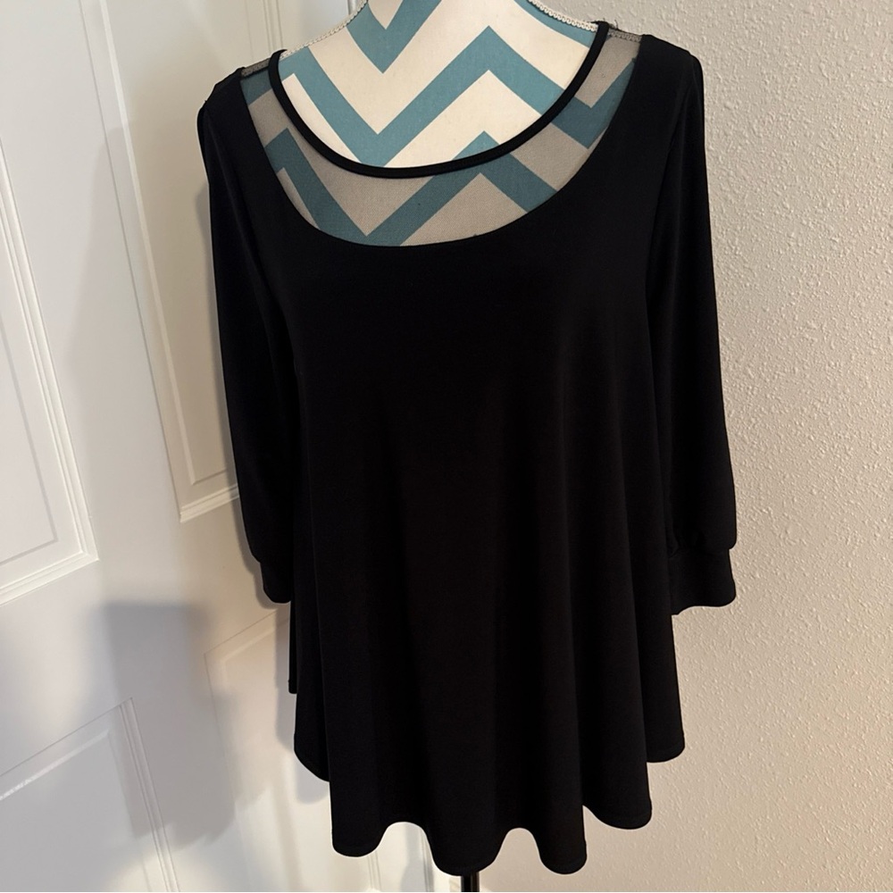 IC by Connie K Womens Mesh Trim Shirt Small Black 3/4 Sleeve
